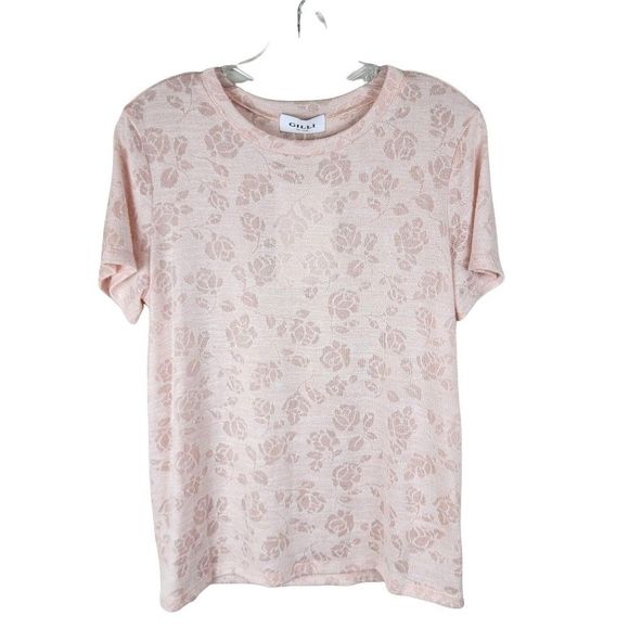 G.I.L.I. Blush Floral Sheer Crew Neck Short Sleeves Classic Fit Top Size M - Picture 1 of 8